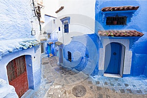 Traditional typical moroccan architectural details in Chefchaouen, Morocco, Africa Beautiful street of blue medina.