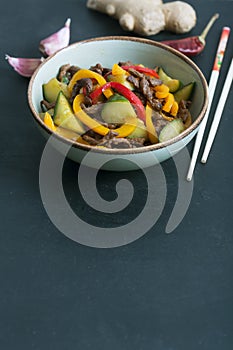 Traditional uigur salad of with beef and vegetables