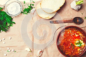 Traditional Ukrainian borsch, red beet soup, borshch with beet, Ukrainian and russian national food
