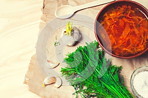 Traditional Ukrainian borsch, red beet soup, borshch with beet, Ukrainian and russian national food