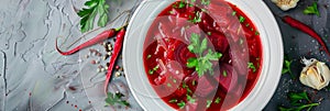 Traditional Ukrainian Borscht, Borsch with Thin Slices of Salted Lard on Black Bread, Sour Cream