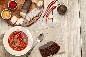 Traditional Ukrainian borscht . Plate of red beet root soup borsch with yogurt . Beet Root delicious soup . Traditional