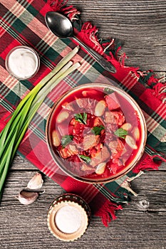 traditional Ukrainian borscht or red soup in the bowl