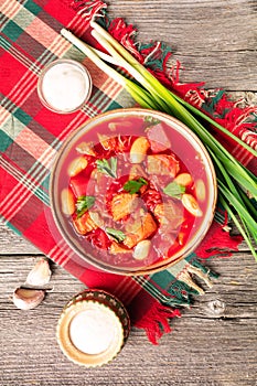 traditional Ukrainian borscht or red soup in the bowl