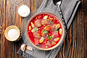 traditional Ukrainian borscht or red soup in the bowl