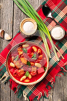 traditional Ukrainian borscht or red soup in the bowl