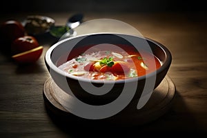 A traditional Ukrainian borscht is served in a dish placed on the table