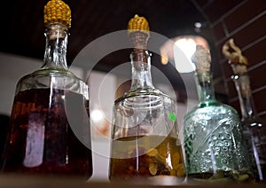 Traditional ukrainian GORILKA alcoholic drink in bottles plugged by corncob