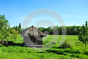 Traditional Ukrainian historical wooden barn at museum of Ukrainian national architecture in Pirogovo village, Kiev