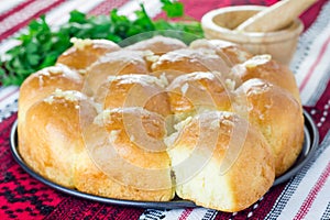 Traditional Ukrainian homemade bun (pampushka) with garlic