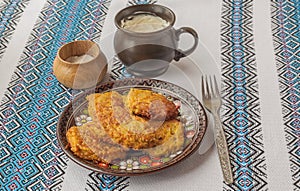 Traditional Ukrainian homemade potato pancakes in the Chernivtsi (draniks)