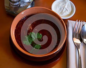 Traditional Ukrainian red borscht in meat broth with greens