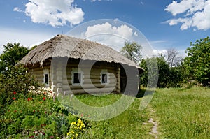 Traditional Ukrainian rural house with hay roof ,Pirogovo,Europe