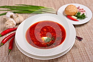 Traditional Ukrainian Russian borscht with white beans on the bowl. Traditional Ukraine food cuisine