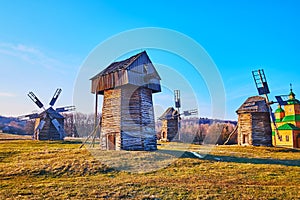 Traditional Ukrainian timber windmills, Pyrohiv Skansen, Kyiv, Ukraine