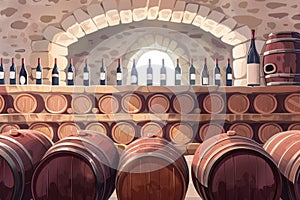 Traditional underground wine cellar with wooden barrels and bottles, lit by a single window