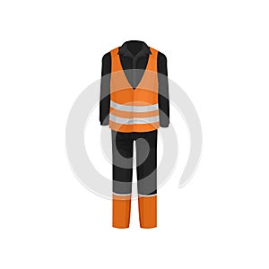 Traditional uniform of road worker. Black jacket, pants and orange vest with reflective stripes. Flat vector design