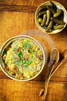 Traditional uzbek rice pilaf