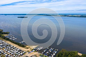 Traditional vacation in Holland. Drone photography with a view of the campsite on the banks of the Veluwe Sea.