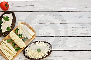 Traditional various cheeses, string, knitted, cecil, cottage and feta cheese