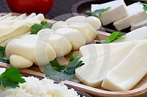 Traditional various cheeses, string, knitted, cecil, cottage and feta cheese