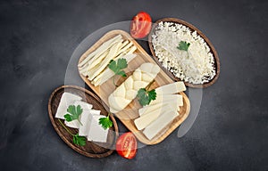 Traditional various cheeses, string, knitted, cecil, cottage and feta cheese