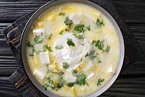 Traditional Venezuelan breakfast of chicken broth, with potatoes, eggs, cheese and cilantro close-up in a bowl. horizontal top photo