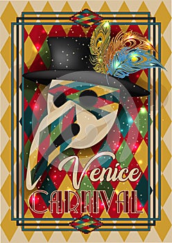 Traditional venice mask Plague Doctor with big nose, invitation card in art deco style