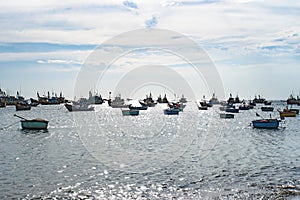 Traditional Vietnamese boat in the basket shaped at Fishing village , Binh Thuan