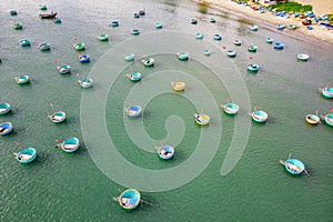 Traditional Vietnamese boat in the basket shaped at Fishing village , Binh Thuan, Vietnam