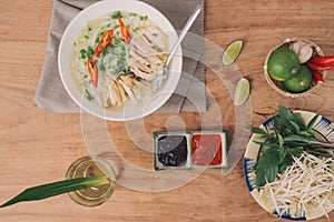 Traditional vietnamese noodle soups pho in bowls, concrete background. Vietnamese beef soup pho bo, Close-up. Asian/vietnamese