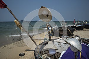 Traditional Vietnamese round fishing boats on the beach.