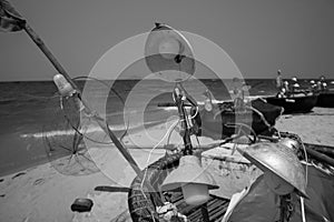 Traditional Vietnamese round fishing boats on the beach.