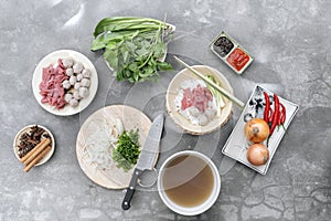 Traditional Vietnamese soup Pho bo with herbs, meat, rice noodles, broth. Pho bo in bowl with chopsticks, spoon. Space for text. T