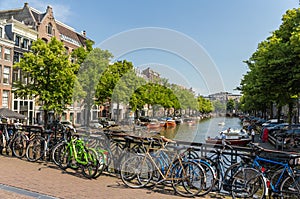 Traditional view of Amsterdam: bicycles and water
