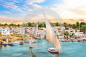 Traditional view of Aswan, the Nile and sailboats, Egypt