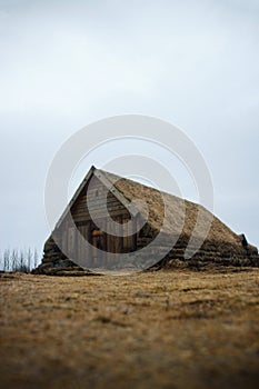 Traditional viking era commonwealth farm turf moss house Thjodveldisbaer Pjodveldisbear Stong in Arnessysla Iceland