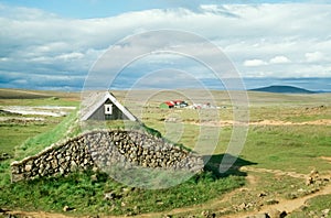 Traditional viking house with grass covered roof, Iceland