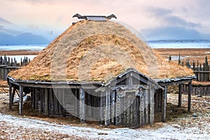 Traditional Viking turf roof house