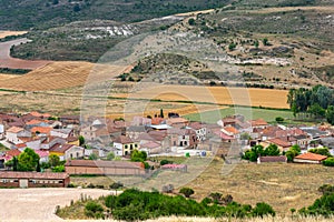 traditional village on the Castilian plateau in Spain with Romanesque Catholic church