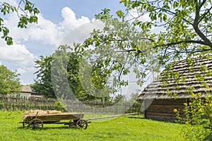 Traditional village house with blue sky, green grass, fence and trees. Ukraine.