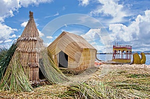 Traditional village on Uros islands on lake Titicaca in Peru photo