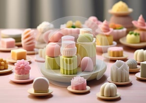 Traditional wagashi sweet candies with various color and taste on pink background.Macro.AI Generative