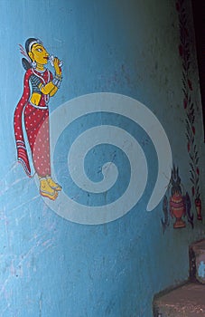 Traditional Wall Painting of Indian Women Blowing Shankh or Conch