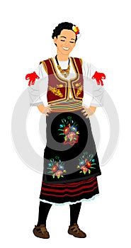 Traditional wear folklore dancer girl from Serbia play kolo dance vector illustration isolated background. photo