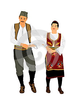 Traditional wear folklore dancers couple from Serbia play kolo dance vector illustration isolated on background. photo