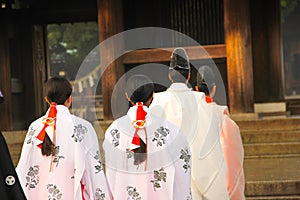 The traditional wedding in Meiji shrine Tokyo , Japan.