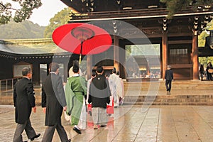 The traditional wedding in Meiji shrine Tokyo , Japan.