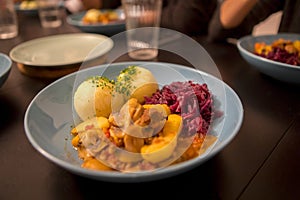 Traditional western food, home dinner, pork stew, potato ball, potato mud ball,