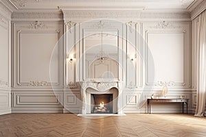 Traditional white beige decor with fireplace, wall panels, wooden floor. Mockup for an illustration